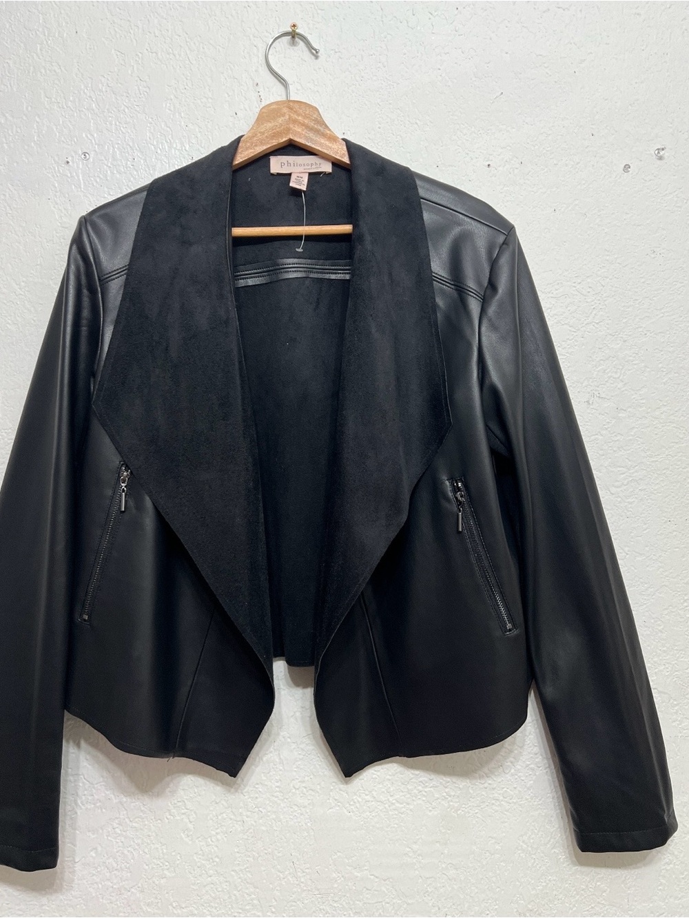 Philosophy Black Faux Leather Open-Front Jacket with Suede-Look Collar